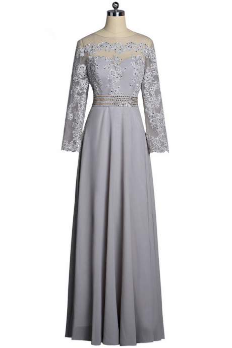 Silver Evening Dresses A-line Long Sleeves Chiffon Lace Beaded See Through Long Evening Gown Prom Dress Robe De Soiree