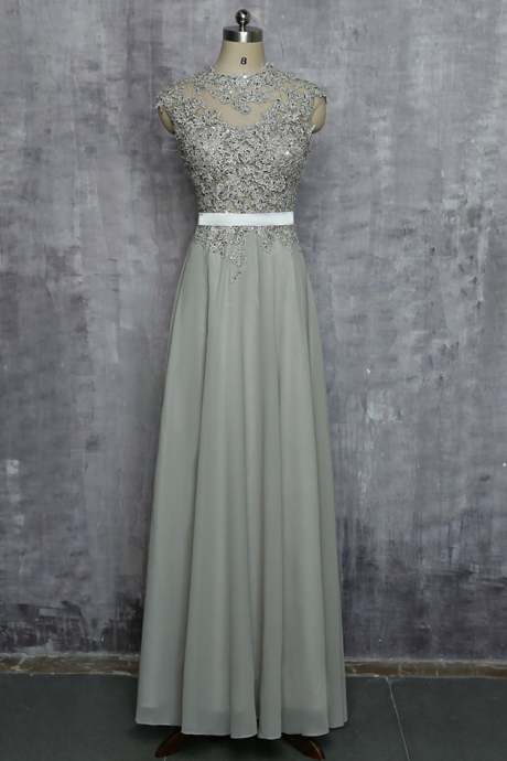 Gray Evening Dresses A-line Cap Sleeves One-shoulder Chiffon Appliques Beaded Long Evening Gown Prom Dress Robe De Soiree