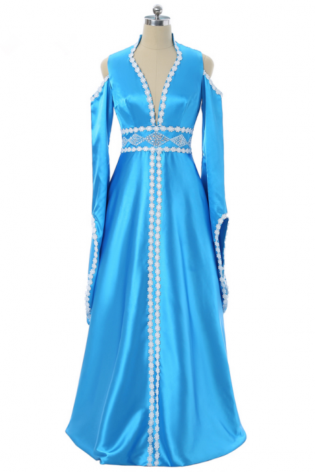 Blue Muslim Evening Dresses A-line V-neck Long Sleeve Lace Beaded Islamic Dubai Abaya Kaftan Long Evening Gown Saudi Arabia