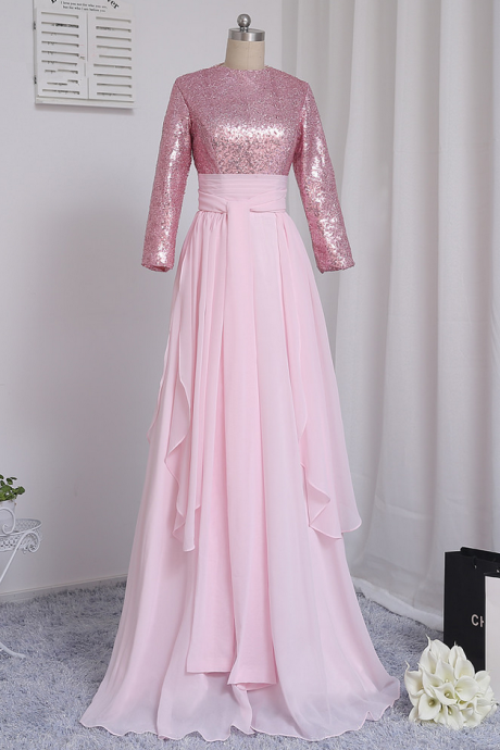 Pink Muslim Evening Dresses A-line Long Sleeves Chiffon Sequins Elegant Saudi Arabic Long Evening Gown Prom Dress