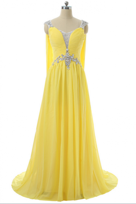Yellow Evening Dresses A-line V-neck Cap Sleeves Chiffon Crystals Open Back Long Evening Gown Prom Dress Robe De Soiree