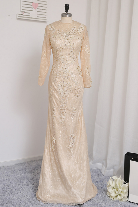 Champagne Evening Dresses Mermaid Long Sleeves Lace Crystals Elegant Long Evening Gown Prom Dress Prom Gown