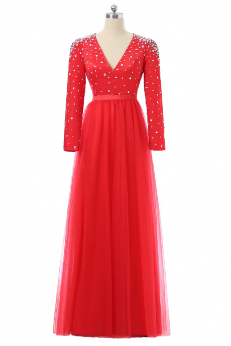 Red Muslim Evening Dresses A-line V-neck Long Sleeves Tulle Crystals Islamic Dubai Abaya Long Evening Gown Saudi Arabia