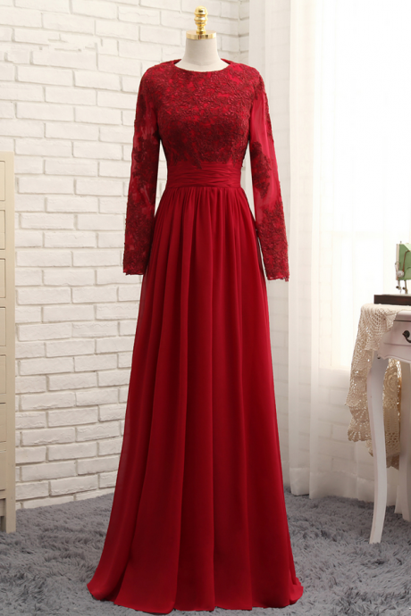 Muslim Evening Dresses A-line Long Sleeves Red Appliques Lace Hijab Islamic Dubai Saudi Arabic Long Evening Gown Prom Dress