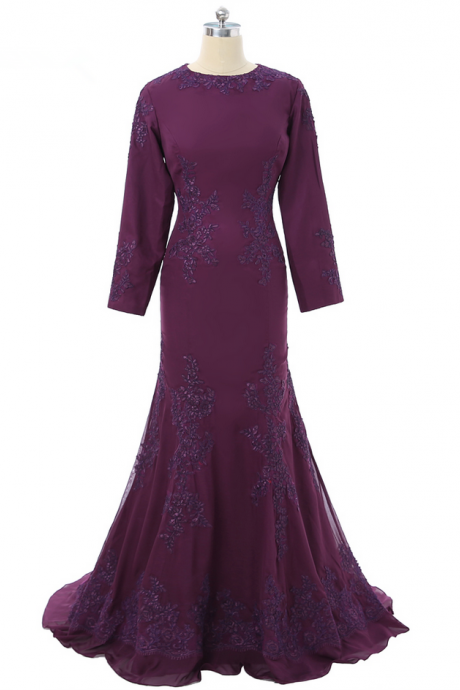 Purple Muslim Evening Dresses Mermaid Long Sleeves Chiffon Lace Islamic Dubai Kaftan Saudi Arabic Long Evening Gown