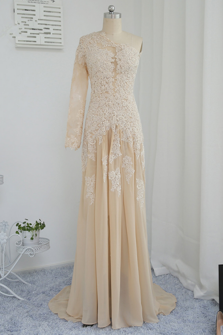 Champagne Evening Dresses Mermaid One-shoulder Chiffon Appliques Lace See Through Long Evening Gown Prom Dress Prom Gown