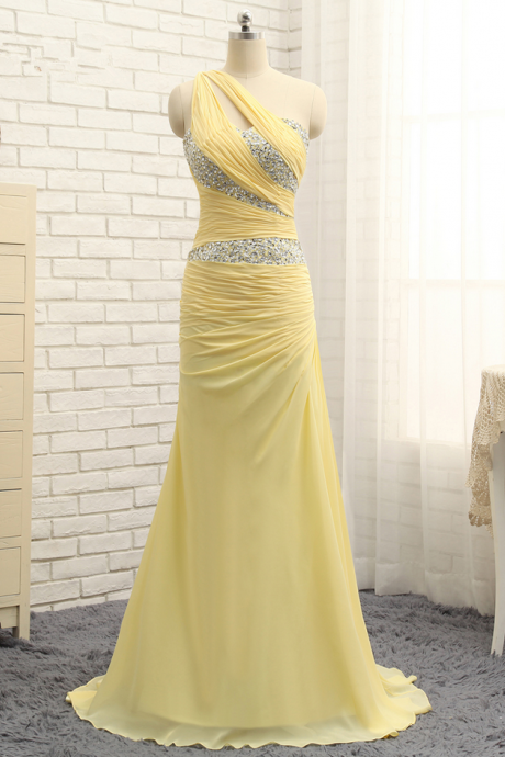 Evening Dresses A-line One-shoulder Yellow Chiffon Beaded Long Evening Gown Prom Dress Prom Gown