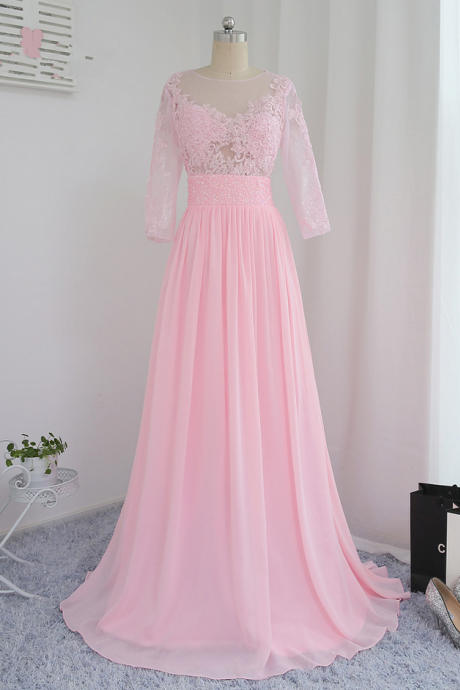 Pink Evening Dresses A-line 3/4 Sleeves Chiffon Appliques Lace See Through Long Evening Gown Prom Dress Prom Gown