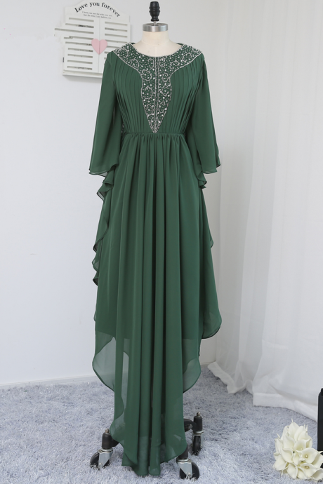 Muslim Evening Dresses A-line Long Sleeves Green Chiffon Beaded Islamic Dubai Abaya Kaftan Long Evening Gown Prom Dress