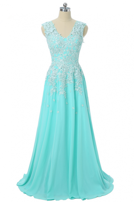 Turquoise Evening Dresses A-line Cap Sleeves V-neck Chiffon Lace Women Long Evening Gown Prom Dresses Robe De Soiree