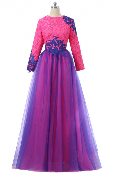 Blue Muslim Evening Dresses A-line Long Sleeves Tulle Lace Hijab Islamic Dubai Abaya Kaftan Long Evening Gown Prom Dress