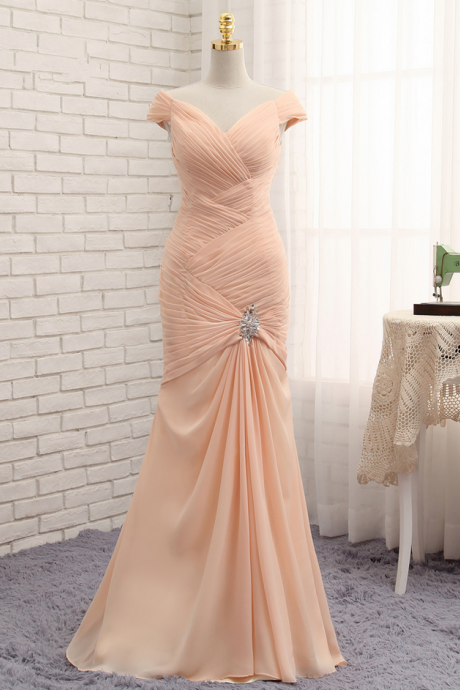 Champagne Evening Dresses Mermaid Cap Sleeves Chiffon Chiffon Pleated Long Evening Gown Prom Dress Prom Gown