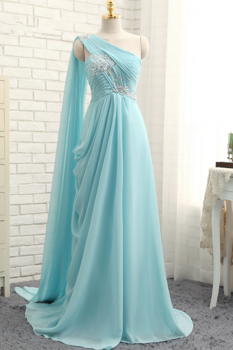 Turquoise Evening Dresses A-line One-shoulder Chiffon Beaded Crystals Long Evening Gown Prom Dress Prom Gown