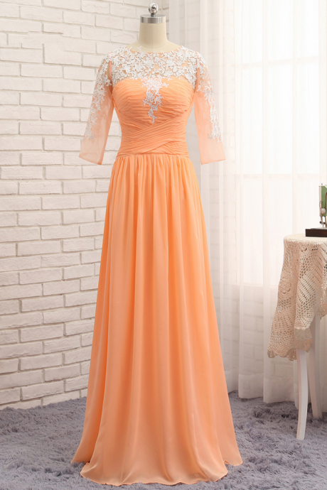 Orange Evening Dresses A-line Half Sleeves Chiffon Appliques Lace Elegant Long Evening Gown Prom Dress Prom Gown