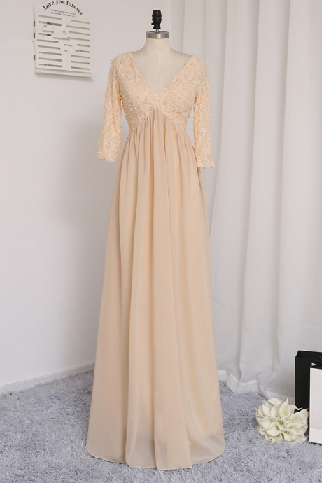 Champagne Evening Dresses A-line Long Sleeves Lace Pearls Backless Long Evening Gown Prom Dress Prom Gown