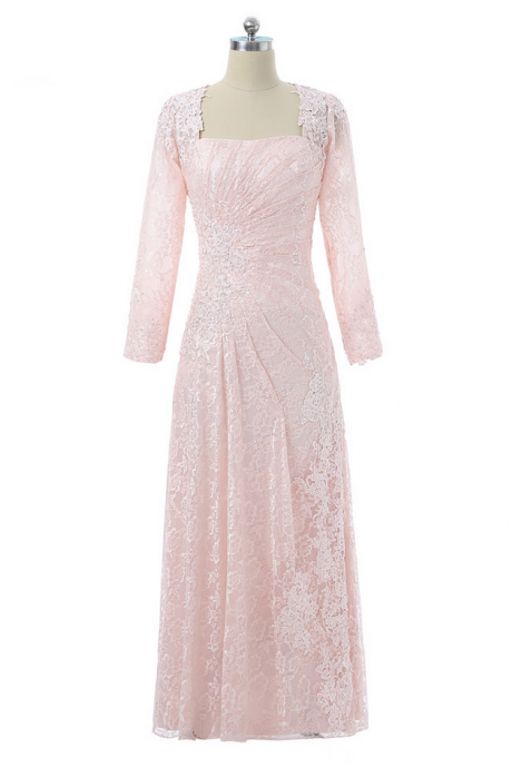 Pink Evening Dresses A-line Boat Neck Long Sleeves Lace Appliques Women Long Evening Gown Prom Dresses Robe De Soiree