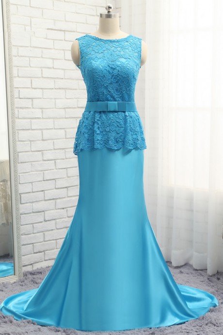 New Hot Royal Blue Evening Dresses Mermaid Sweep Train Satin Lace Sash Backless Long Evening Gown Prom Dress Prom Gown