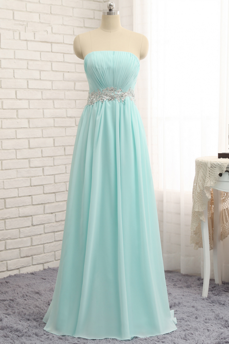 Turquoise Evening Dresses A-line Strapless Chiffon Beaded Backless Elegant Long Evening Gown Prom Dress Prom Gown