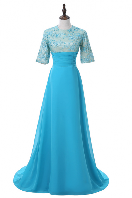 Blue Evening Dresses A-line Short Sleeves Chiffon Appliques Lace Beaded Women Long Evening Gown Prom Dresses Robe De Soiree