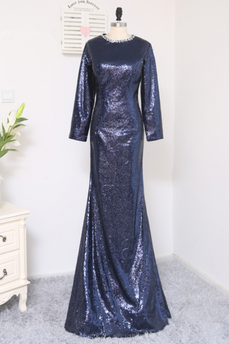 Navy Blue Evening Dresses Mermaid Long Sleeves Sequins Sparkle Elegant Long Evening Gown Prom Dress Prom Gown