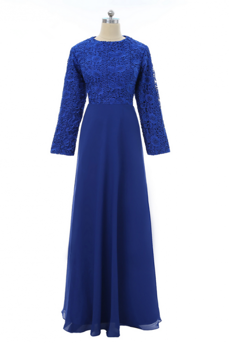 Royal Blue Muslim Evening Dresses A-line Long Sleeves Chiffon Lace Islamic Dubai Abaya Kaftan Long Evening Gown Prom Dress