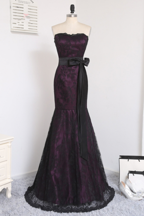 Purple Black Evening Dresses Mermaid Sweetheart Satin Lace Backless Long Evening Gown Prom Dress Prom Gown