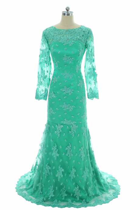 Green Evening Dresses 2017 Mermaid Scoop Long Sleeves Appliques Lace Women Long Evening Gown Prom Dresses Robe De Soiree