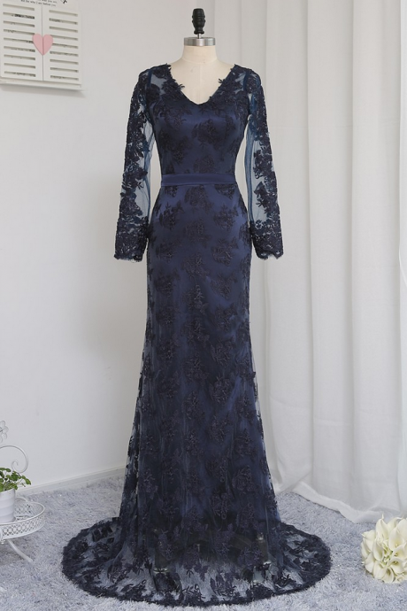 Navy Blue Evening Dresses Mermaid V-neck Long Sleeves Appliques Lace Long Evening Gown Prom Dress Prom Gown