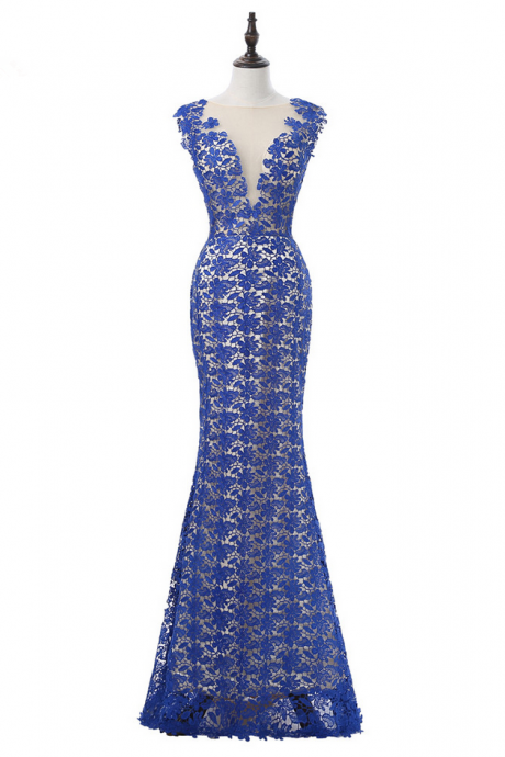 Royal Blue Evening Dresses Mermaid Cap Sleeves Lace Open Back Women Long Evening Gown Prom Dresses Robe De Soiree