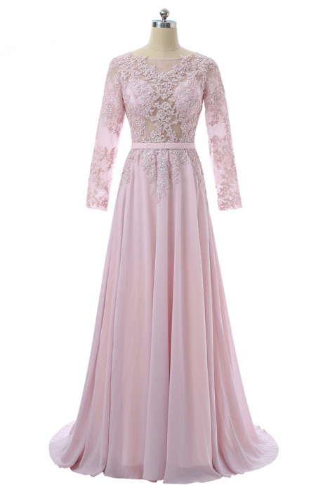 Pink Muslim Evening Dresses A-line Long Sleeves Chiffon Lace See Through Long Evening Gown Prom Dresses Robe De Soiree