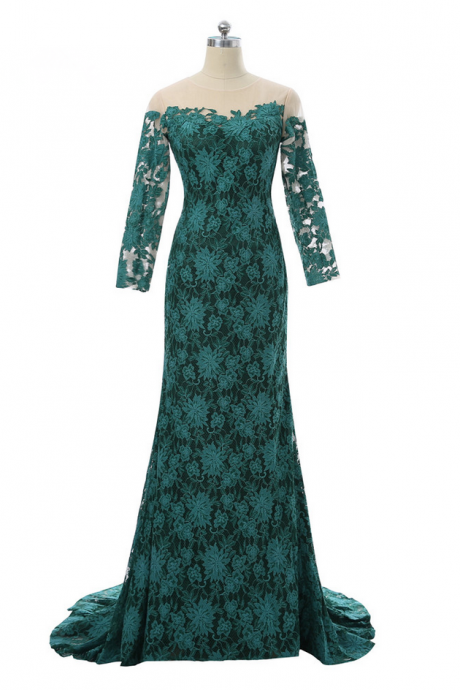 Green Evening Dresses Mermaid Long Sleeves Lace Women Long Evening Gown Prom Dresses Robe De Soiree