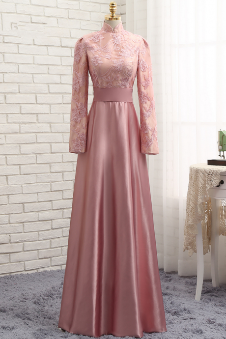 Pink Muslim Evening Dresses A-line Long Sleeves Satin Sequins Elegant Long Evening Gown Prom Dress Prom Gown