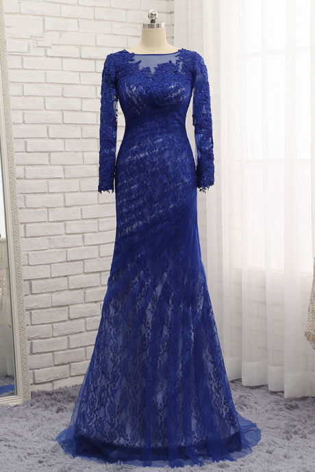 Royal Blue Evening Dresses Mermaid Long Sleeves Lace Tulle Appliques Long Evening Gown Prom Dress Prom Gown