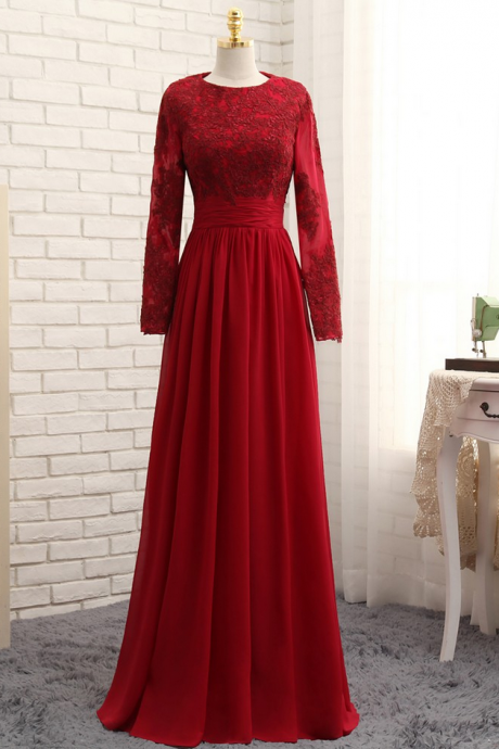 Evening Dresses A-line Long Sleeves Red Appliques Lace Hijab Islamic Dubai Abaya Kaftan Long Evening Gown Prom Dress