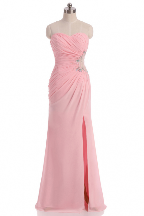 Pink Evening Dresses Mermaid Sweetheart See Through Chiffon Beaded Slit Sexy Long Evening Gown Prom Dress Prom Gown