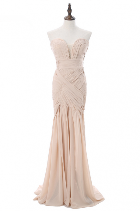 Champagne Prom Dresses Mermaid Sweetheart Chiffon Beaded Pleated Backless Long Prom Gown Evening Dresses Robe De Soiree