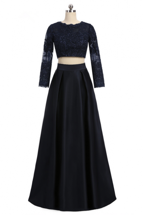 Two Pieces A-line Long Sleeves Black Satin Lace See Through Elegant Long Evening Dresses Evening Gown Prom Dresses Gown