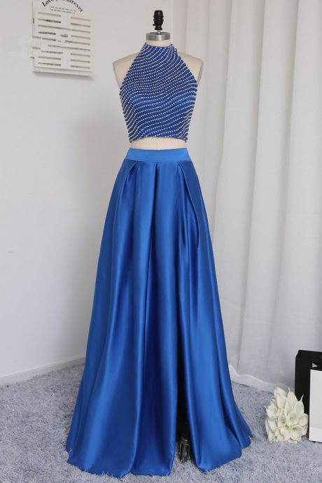 Royal Blue Real Sample Prom Dresses A-line High Collar Floor Length Pearl Two Pieces Prom Gown Evening Dresses Evening Gown