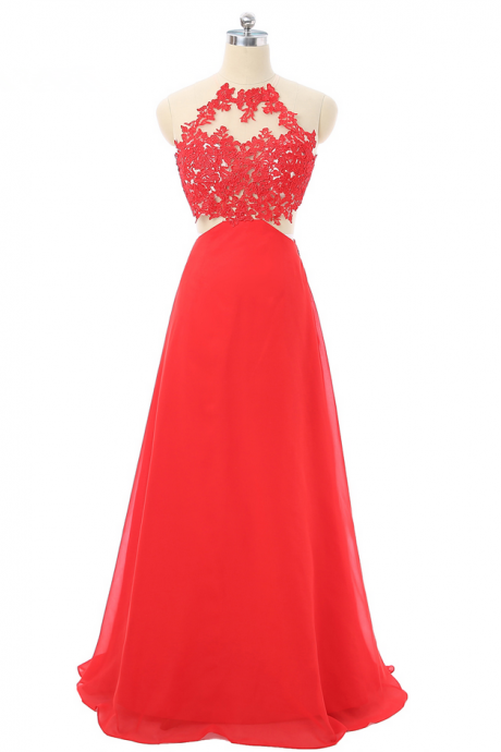 Red Prom Dresses A-line Halter Chiffon Appliques Lace Open Back Sexy Long Prom Gown Evening Dresses Robe De Soiree
