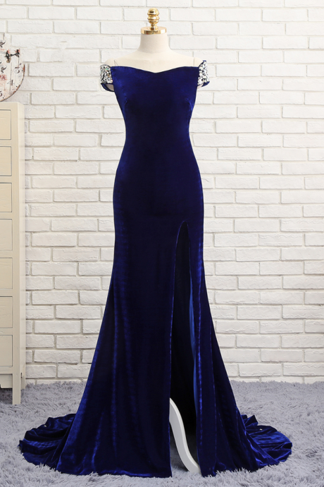  Royal Blue Prom Dresses Mermaid V-neck Backless Velvet Crystals Slit Long Prom Gown Evening Dresses Evening Gown