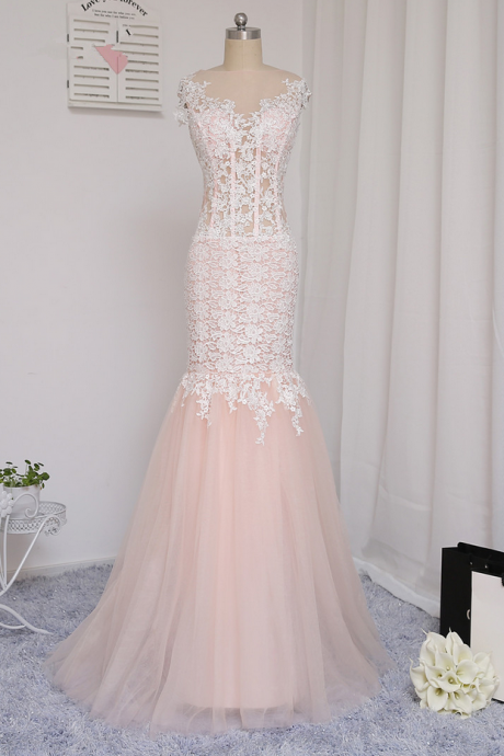 Champagne Prom Dresses Mermaid See Through Tulle Appliques Lace Long Prom Gown Evening Dresses Evening Gown