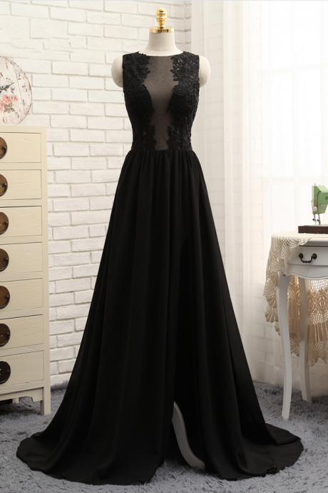 Prom Dresses A-line Black Chiffon Appliques Lace Sexy Long Prom Gown Evening Dresses Evening Gown