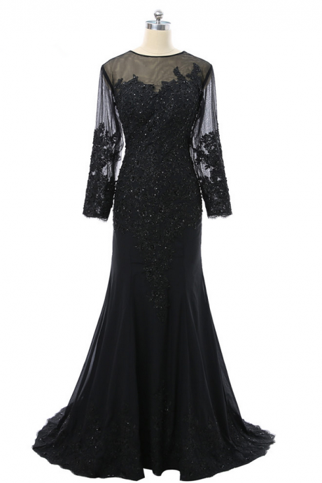 Black Prom Dresses Mermaid Long Sleeves See Through Appliques Lace Beaded Long Prom Gown Evening Dresses Robe De Soiree