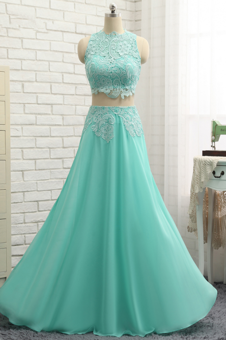 Mint Green Prom Dresses A-line High Collar Chiffon Lace Two Pieces Long Prom Gown Evening Dresses Evening Gown