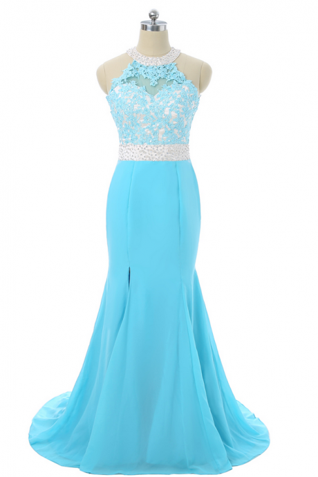 Turquoise Prom Dresses Mermaid Halter Appliques Beaded Open Back Slit Sexy Long Prom Gown Evening Dresses Robe De Soiree
