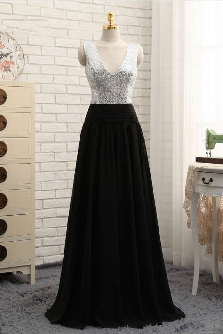 Prom Dress A-line Deep V-neck Black Chiffon Sequins Long Wedding Party Dresses Prom Dress