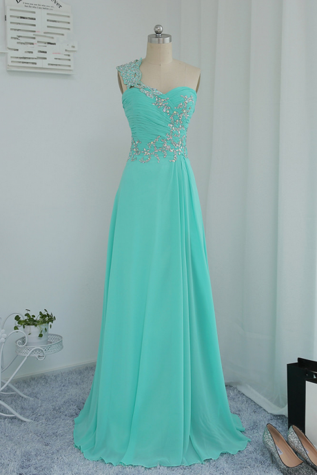 Mint Green Prom Dresses A-line One-shoulder Chiffon Beaded Crystals Long Prom Gown Evening Dresses Evening Gown