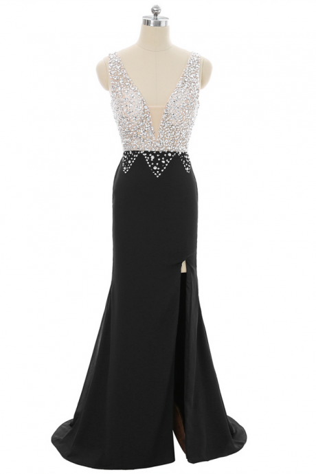 Black Prom Dresses Mermaid V-neck Crystals Beaded Slit Sexy Long Prom Gown Evening Dresses Evening Gown Robe De Soiree