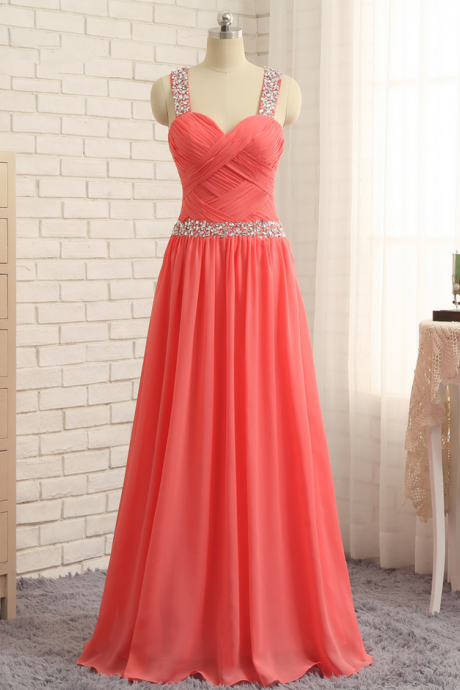Watermelon Prom Dresses A-line Sweetheart Sexy Chiffon Beaded Long Prom Gown Evening Dresses Evening Gown