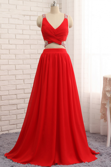 Open Back Prom Dresses A-line V-neck Floor Length Chiffon Bead Two Pieces Prom Gown Evening Dresses Evening Gown